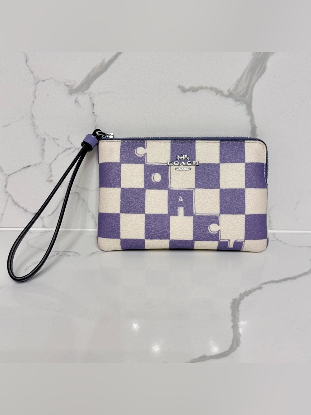 Coach Corner Zip Wristlet in Checkerboard Print Light Violet Chalk CR813